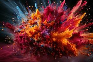 AI generated Festive burst holi powder from party popper, holi festival images hd photo