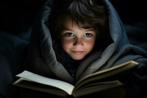 ai generado madre y niños en un cobija fuerte con linternas, hermosa libro imágenes foto