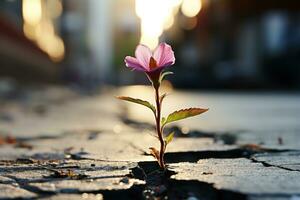 AI generated A flower breaking through urban concrete, environmental concept photo