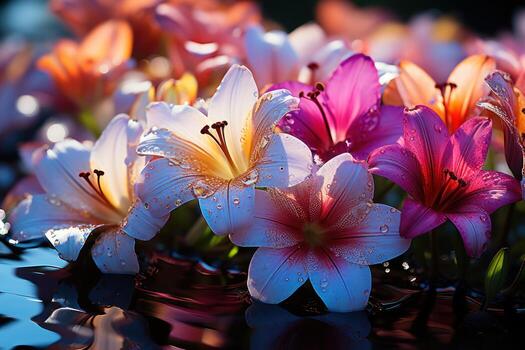 AI generated Vibrant lilies reflected in pond serenity, spring photography photo
