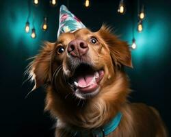 AI generated Adorable dog in a brown coat joyfully wearing a party hat for a celebration, pet photography photo