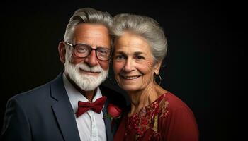 AI generated Elderly couple posing on black background, active seniors lifestyle images photo