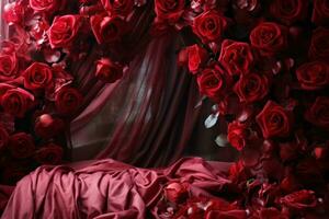 ai generado un cama adornado con un romántico pabellón de vibrante rojo rosas, compromiso, Boda y aniversario imagen foto