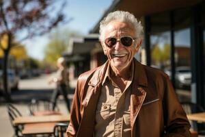AI generated Senior gentleman in bourbon jacket on sunny day, active seniors lifestyle images photo