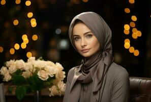 AI generated A professional woman in a black hijab working diligently in the office, islamic images photo