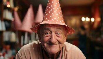 AI generated Happy senior man in party hat, active seniors lifestyle images photo