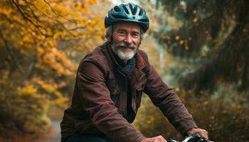 AI generated Senior man enjoying a ride with helmet, happy active seniors images photo