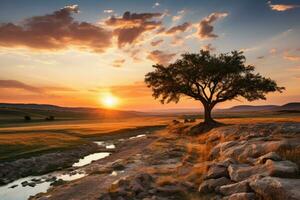 AI generated Lone tree in sunset embrace, beautiful sunrise image photo