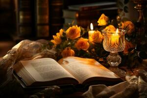 AI generated The warm glow of candles illuminates a classic open book inviting cozy reading, book photography photo