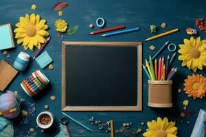 AI generated Colorful school supplies arranged on a blue background with a charming flower chalkboard, diverse education and teachers day image photo