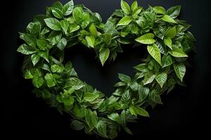 AI generated Heart shaped arrangement of green leaves symbolizing love for the environment, nature conservation photos