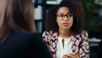 ai generado mujer hablando en oficina entrevista, contratación imagen para trabajo publicaciones foto