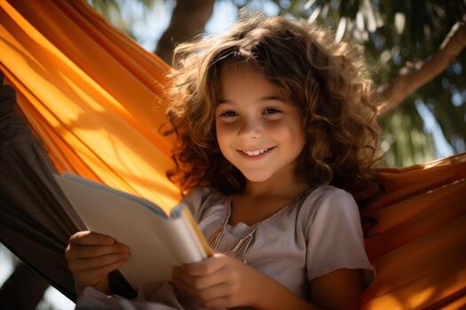 AI generated Escaping into a good book while swaying in a hammock between palms, beautiful book images photo