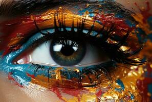 AI generated Beautiful woman with colorful eye paint, holi festival images hd photo