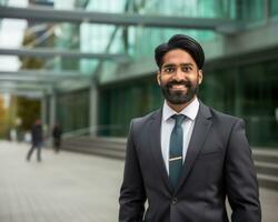 AI generated Happy indian man in formal attire standing in a walkway, professional job interview attire image photo