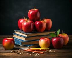 AI generated A book with a bright red apple and colorful pencils on a blackboard background, educational picture photo