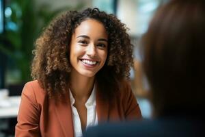 ai generado sonriente hembra trabajo candidato en un oficina entrevista, contratación imagen para trabajo publicaciones foto