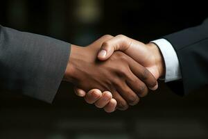 AI generated Two businessmen in suits shake hands against a clean black background, professional business meeting image photo