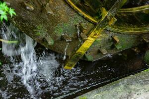 A historic wooden wheel on the water surface in Tokyo close up photo