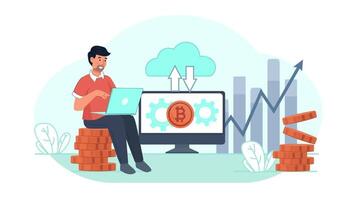 man sitting on a chair with a laptop and a bitcoin symbol video