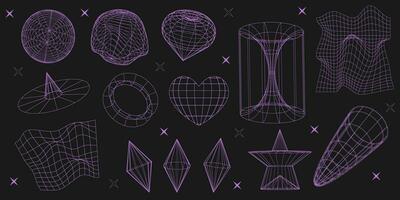 Geometry wireframe shapes and grids in neon purple color. 80s cyberpunk line elements vector set. Y2k retro futuristic aesthetic.