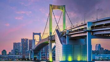 stadsgezicht van tokyo horizon, timelapse video van kantoor gebouw Bij tokyo baai in de avond. Japan, Azië.