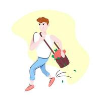 hombre corriendo con flores a fecha. dibujos animados ilustración aislado en blanco antecedentes vector