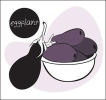 Organic Eggplants in basket on White Background. whole eggplants in doodle style. vector