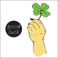 Female holding green four-leaf clover, close-up. Have  good day. Turn green. hand holds a clover leaf for good luck. vector