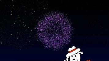 Animation of a cartoon dog with flowers and the inscription I love you and firework video