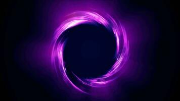 Looped twirl circle of stripes and lines of bright purple beautiful magical energy glowing neon, round frame. Abstract background video