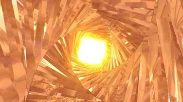 Abstract metallic shiny golden yellow polyhedral tunnel frame made of lines of hexagonal edges, mechanical high-tech tunnel futuristic, abstract background video