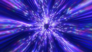 Beautiful abstract purple tunnel made of futuristic digital stripes and lines glowing with bright magic energy on a black space background. Abstract background video