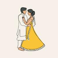 Indian couple cartoon in traditional dress posing for mehndi ceremony invitation card design vector