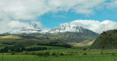 Time-lapse of  panoramic view of ice-covered Los Ilinizas volcano over green fields with grazing cows on a sunny day - Ecuador video