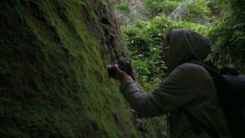 Woman naturalist recording video with camera device close up green moss clinging on the huge rock in tropical rainforest after rain. Beauty in nature. Ecosystem and environment.