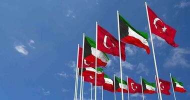 Kuwait and Turkey Flags Waving Together in the Sky, Seamless Loop in Wind, Space on Left Side for Design or Information, 3D Rendering video