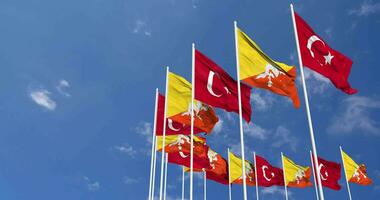 Bhutan and Turkey Flags Waving Together in the Sky, Seamless Loop in Wind, Space on Left Side for Design or Information, 3D Rendering video