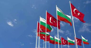 Bulgaria and Turkey Flags Waving Together in the Sky, Seamless Loop in Wind, Space on Left Side for Design or Information, 3D Rendering video