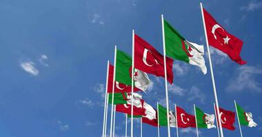 Algerije en kalkoen vlaggen golvend samen in de lucht, naadloos lus in wind, ruimte Aan links kant voor ontwerp of informatie, 3d renderen video