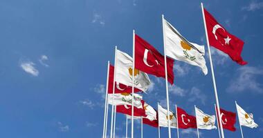 Cyprus and Turkey Flags Waving Together in the Sky, Seamless Loop in Wind, Space on Left Side for Design or Information, 3D Rendering video