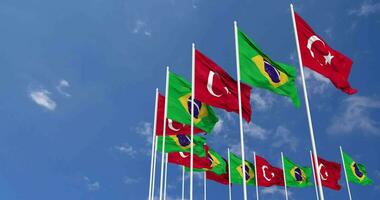 Brazilië en kalkoen vlaggen golvend samen in de lucht, naadloos lus in wind, ruimte Aan links kant voor ontwerp of informatie, 3d renderen video