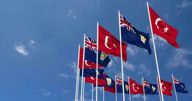 Anguilla and Turkey Flags Waving Together in the Sky, Seamless Loop in Wind, Space on Left Side for Design or Information, 3D Rendering video