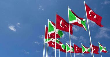 Burundi and Turkey Flags Waving Together in the Sky, Seamless Loop in Wind, Space on Left Side for Design or Information, 3D Rendering video