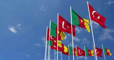 Cameroon and Turkey Flags Waving Together in the Sky, Seamless Loop in Wind, Space on Left Side for Design or Information, 3D Rendering video