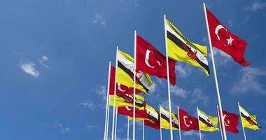 Brunei and Turkey Flags Waving Together in the Sky, Seamless Loop in Wind, Space on Left Side for Design or Information, 3D Rendering video