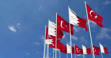 Bahrain and Turkey Flags Waving Together in the Sky, Seamless Loop in Wind, Space on Left Side for Design or Information, 3D Rendering video