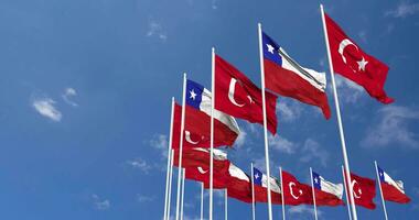 Chile and Turkey Flags Waving Together in the Sky, Seamless Loop in Wind, Space on Left Side for Design or Information, 3D Rendering video