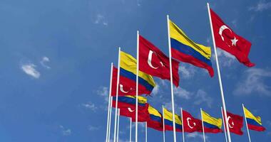 Colombia and Turkey Flags Waving Together in the Sky, Seamless Loop in Wind, Space on Left Side for Design or Information, 3D Rendering video