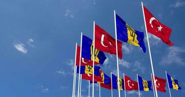 Barbados and Turkey Flags Waving Together in the Sky, Seamless Loop in Wind, Space on Left Side for Design or Information, 3D Rendering video